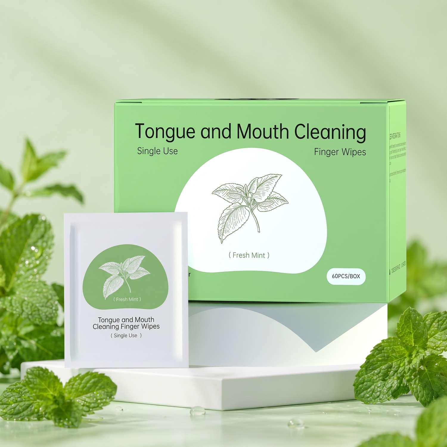 Disposable Oral Cleansing Finger Wipes, Full Mouth Gentle Cleaning, Fresh Mint or Pure Water Flavor,  60PCS
