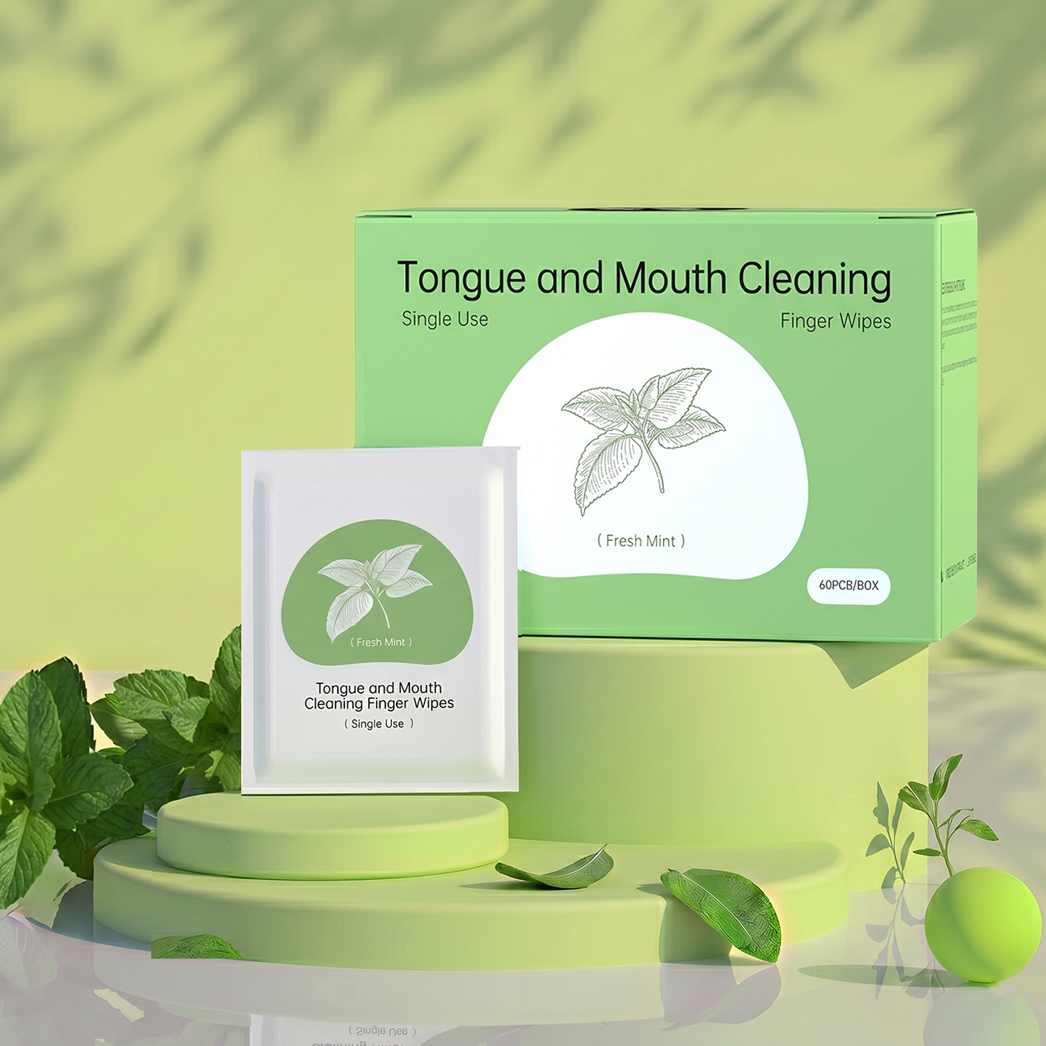 Disposable Oral Cleansing Finger Wipes, Full Mouth Gentle Cleaning, Fresh Mint or Pure Water Flavor,  60PCS